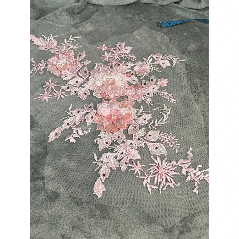 Large Blush Pink Floral Tulle Applique Pearl Rhinestone Bridal Dress Sewing 16